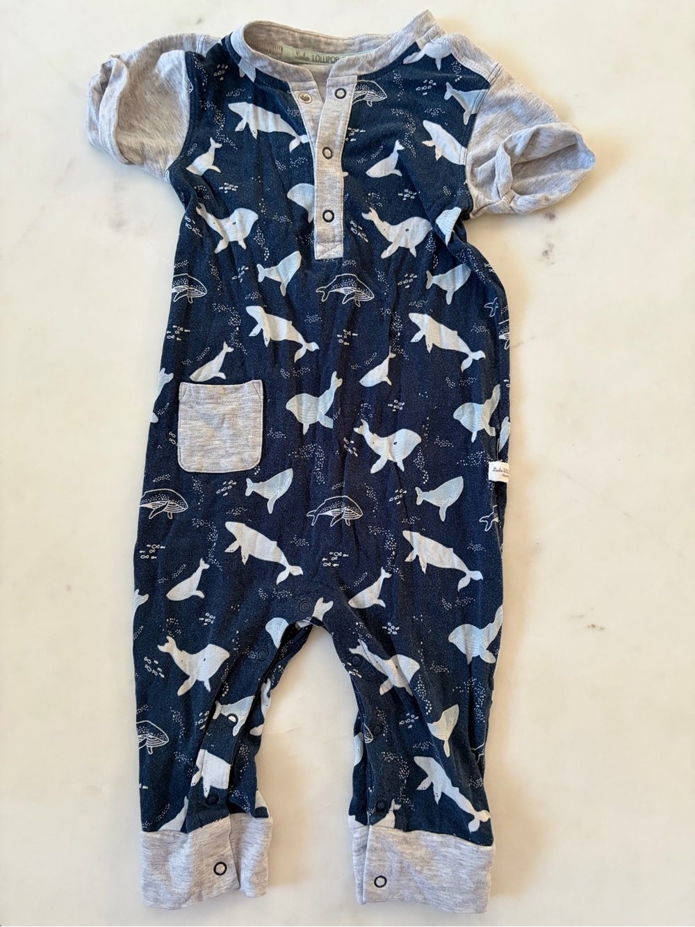 Navy Whale Print Kids Footie Romper with Grey Trim